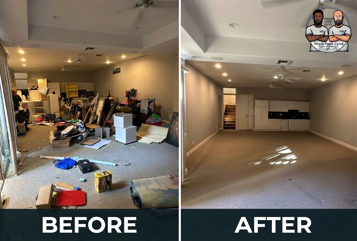 Before and after full cleanout by Your Two Guys — cluttered room transformed to clean empty space